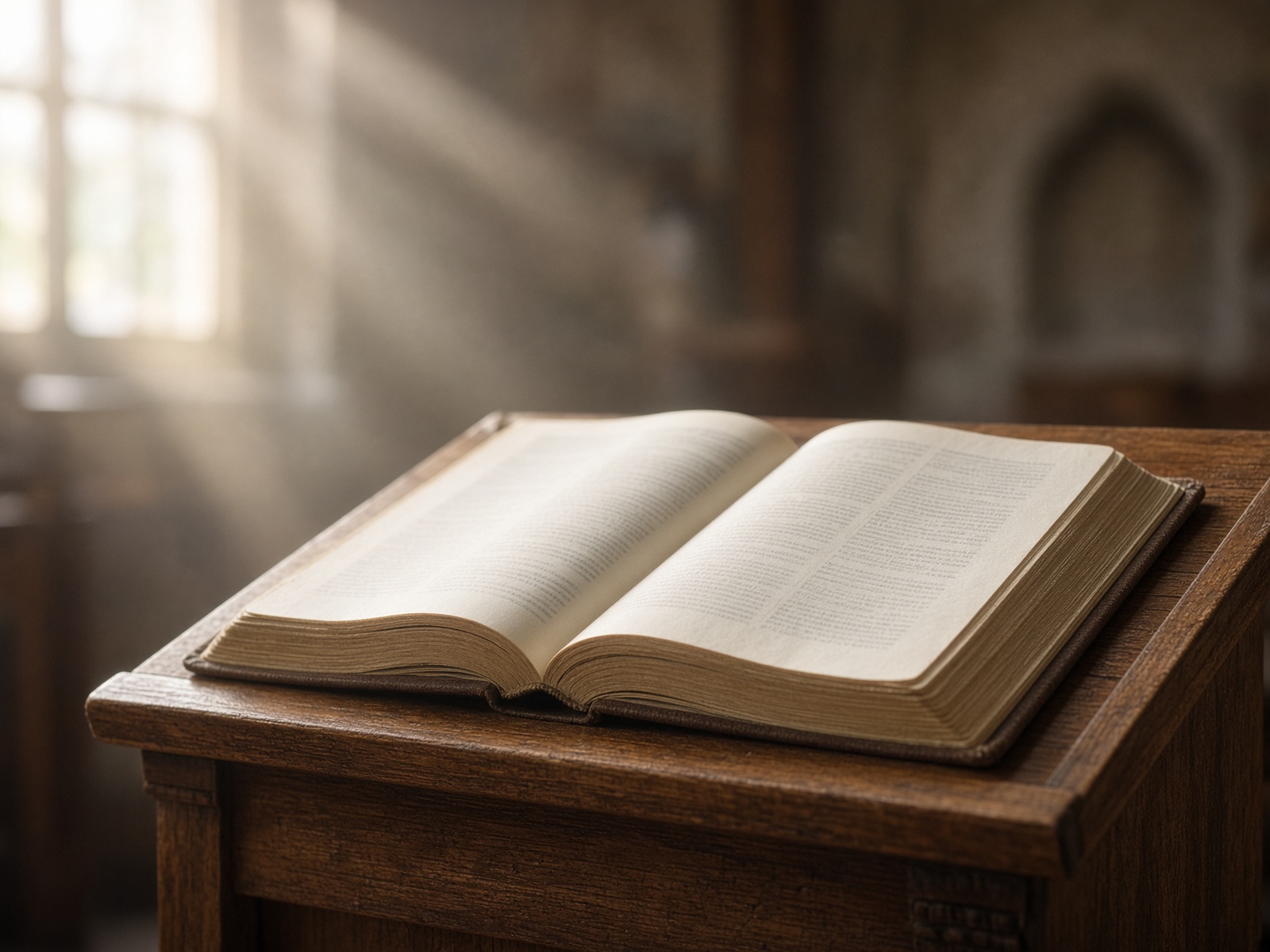 An open clothbound Bible on a wooden lectern in morning light.