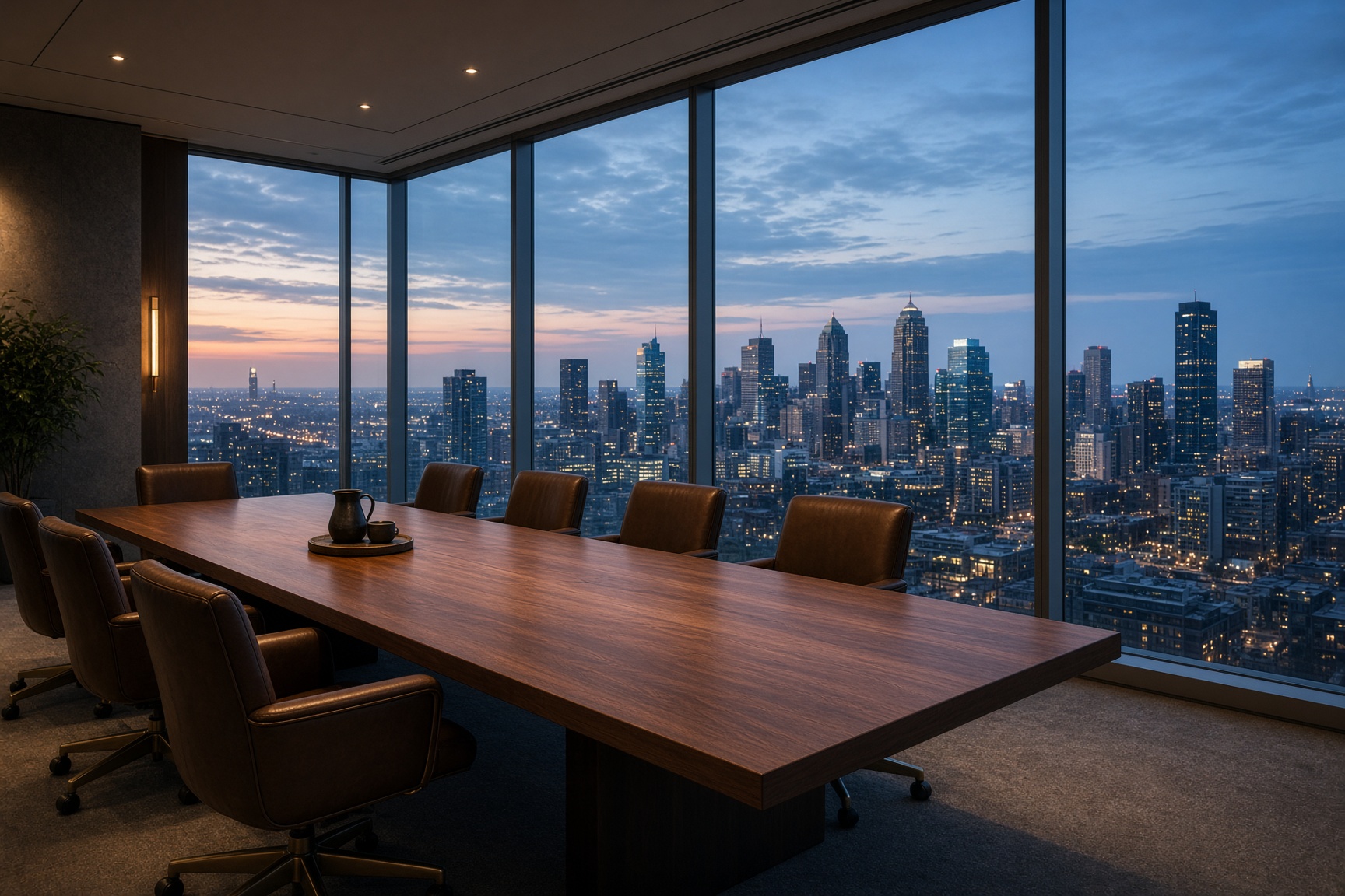 A long walnut conference table and empty chairs looking out over a city at dusk.