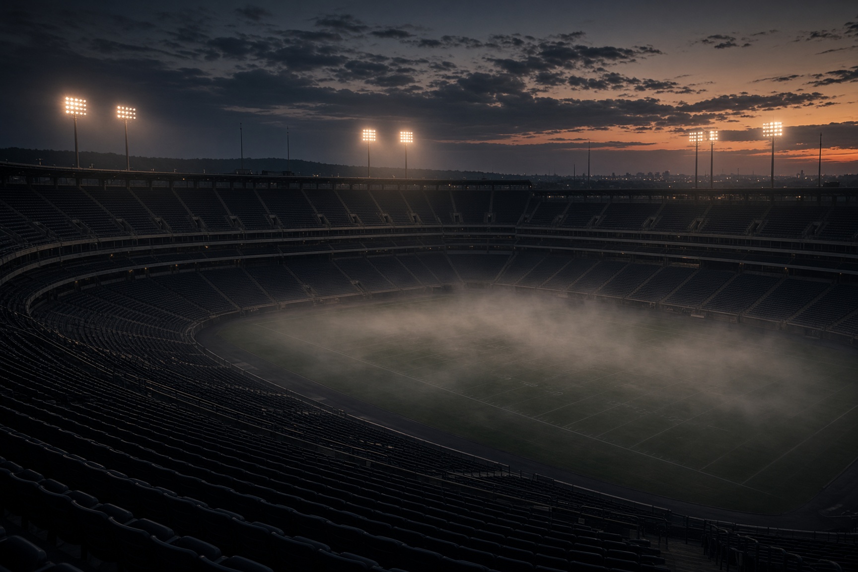 An empty stadium at dusk, field lights just beginning to warm.
